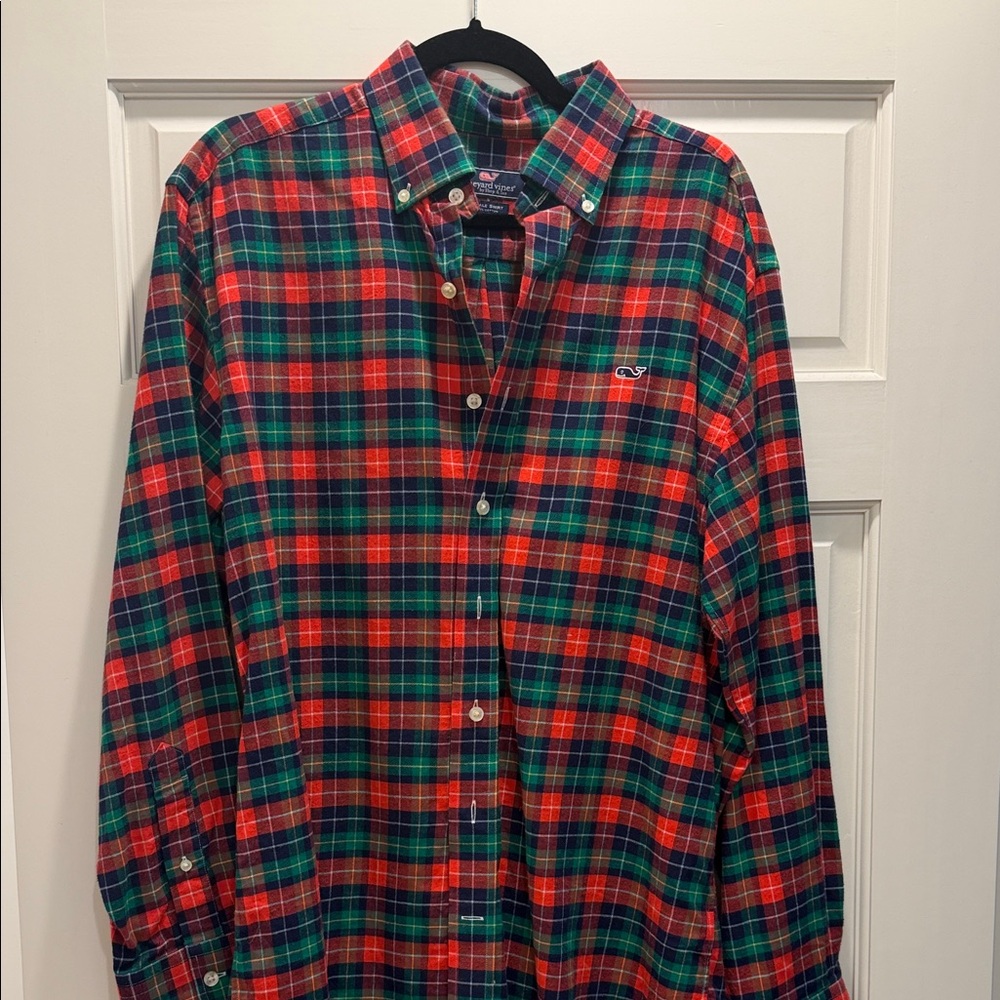 Vineyard Vines Men's Red and Green Plaid Shirt